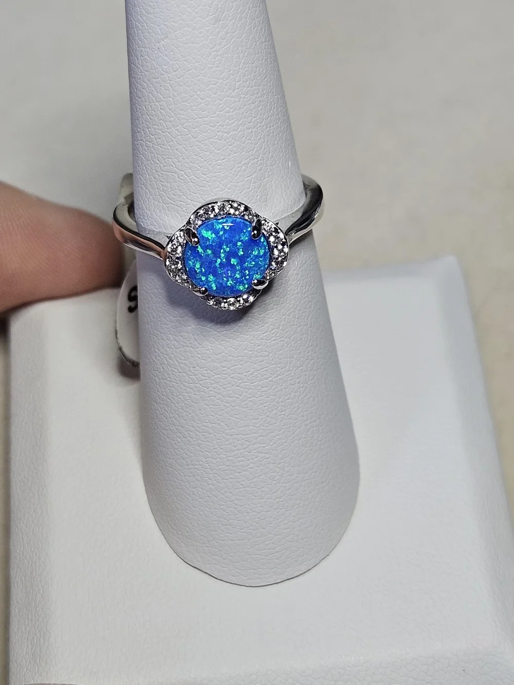 Blue Opal Halo Ring with Cubic Zirconia Accent - 925 Sterling Silver
